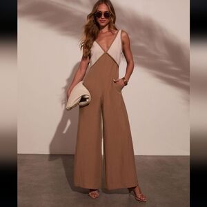 NWOT VICI Colorblock V-Neck Wide-Leg Jumpsuit in Tan and Cream SZ Large